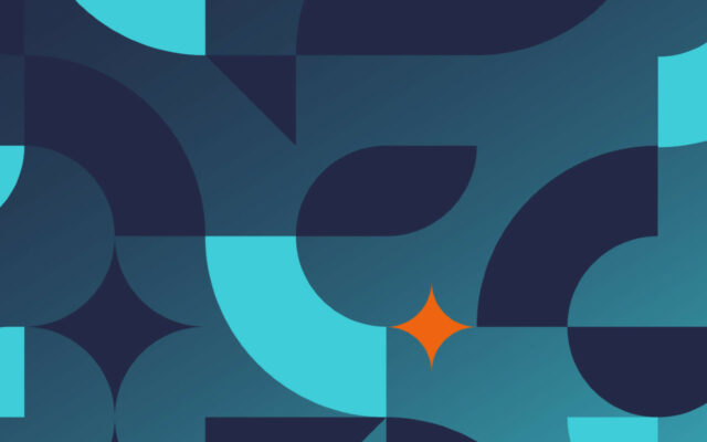 Abstract design elements in teal, dark blue, and sea green, with an orange diamond shape near lower right section.