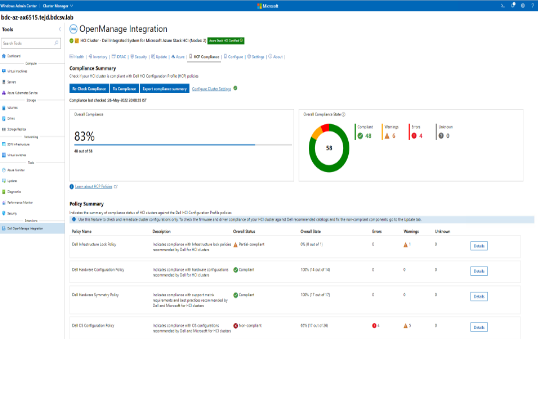 Dell OpenManage Integration with Windows Admin Center Console view of Policy Compliance status