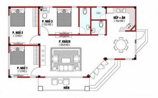 Bản vẽ nhà cấp 4 3 phòng ngủ 1 phòng thờ