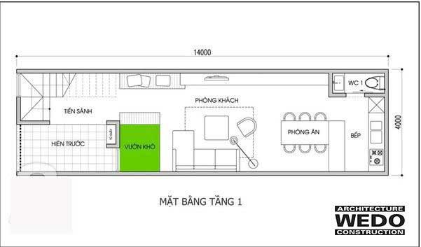 Bản vẽ mặt bằng tầng 1 nhà ống 2 tầng 3 phòng ngủ