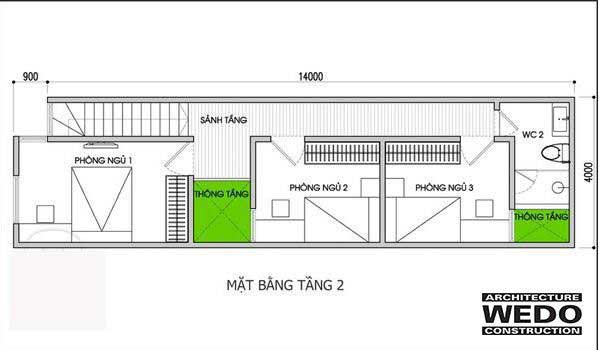 Mặt bằng tầng 2 nhà ống 2 tầng 3 phòng ngủ