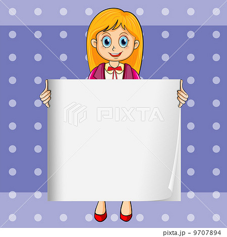 A smiling young lady holding an empty rectangular template 9707894